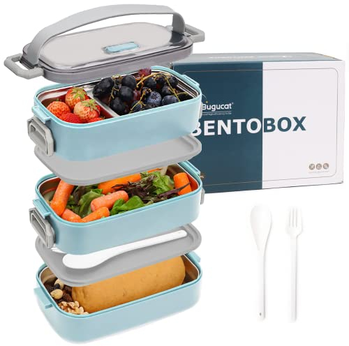 Bugucat Lunchbox Edelstahl 1700ML,Bento Box Brotdose Auslaufsicher Luftdichte Brotzeitbox mit Fächern und Besteckset, Frühstücksbox Jausenbox für Unterwegs,Brotbüchse Vesperdose für Erwachsene Blau