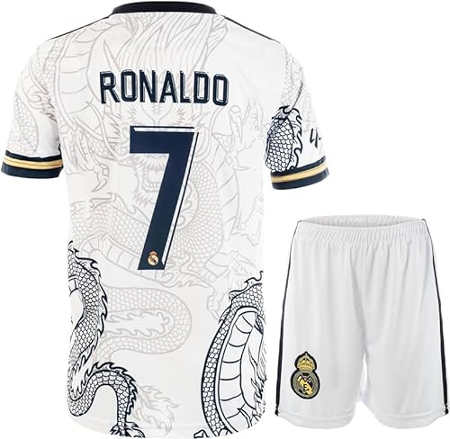 Mikalay Madrid #7 Retro Weißer Drache Limitierte Sonderedition Seltenes Fußball Kinder Trikot Shorts Set Jugendgrößen (Weiß,128)