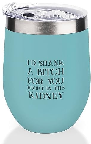 Yelolyio Lake Blue12oz Non-Rust Steel Wine Tumbler I'd Shank A Bitch for You Right in The Kidney Insulated Wine Glass with Sliding Lid, Funny Wine Cup for Champaign, Cocktail, Beer