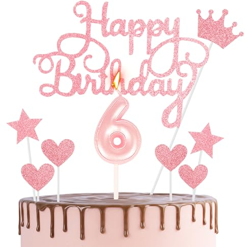 HONGCI Happy 6th Birthday Cake Topper & Birthday Candle Pink Number 6 Candle for Birthday Cake - 6th Birthday Candle Cake Cupcake Topper Birthday Cake Decorations for Girls Birthday Party Pink