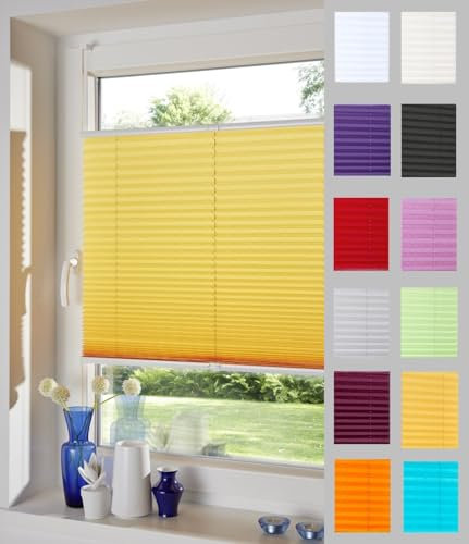 DécoProfi Plissee ohne Bohren Melonengelb 45cm x 220cm (max. Gesamthöhe Fensterflügel) I Verspannte Plissees nach Maß mit Klemmträger/Klemmfix I Blickdichte Innenrahmen-Plissees zum Klemmen