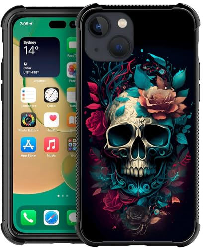 DAIZAG Kompatibel mit iPhone 13 Hülle, Totenkopf mit Blumen Hüllen für Mädchen Jungen mit Stoßstange, rutschfest, stoßdämpfend, weiche TPU-Schutzhülle für iPhone 13, 15,5 cm (6,1 Zoll)