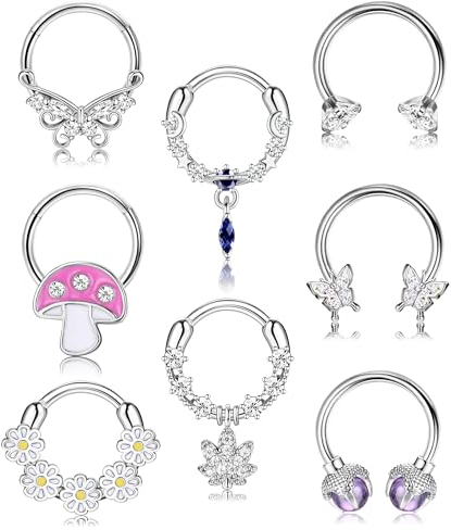 Kakonia 8Pcs Septum Piercing 16G Edelstahl Silber Septum Ring für Frauen Weiß CZ Schmetterling Baumeln Septum Clicker Nase Ringe Knorpel Hoop Ohrringe Daith Piercing Schmuck 10MM
