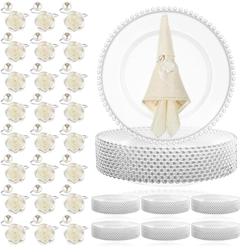 Tioncy 50 Clear Charger Plates with 50 Napkin Rings Bulk Set, 13 Inch Beaded Plastic Round Plates for Dinner, Wedding, Party, and Event Table Decoration (Silver)