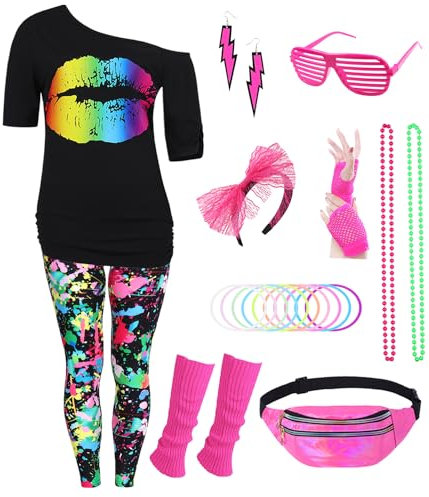 80er Jahre Outfit Damen 80 er Jahre Fasching Kostüm Zubehör Rosa Set mit Bauchtasche Haarband Ohrring Netzhandschuhe Gläser Armband Halskette Leggings Neon Kleidung Bad Taste Outfit Damen VL018XL