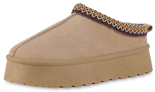 VAN HILL Damen Hausschuhe Pantoffeln Warm Gefüttert mit Plateau Prints Profilsohle