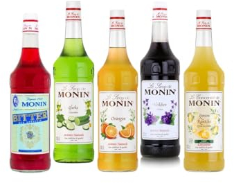 Monin Probierpaket Bar Spritz 5 x 1 l Sirup Set für Cocktails und Getränke - Bitter - Orange - Veilchen - Lemon Rantcho - Gurke - Geschmackserlebnis - Barzubehör