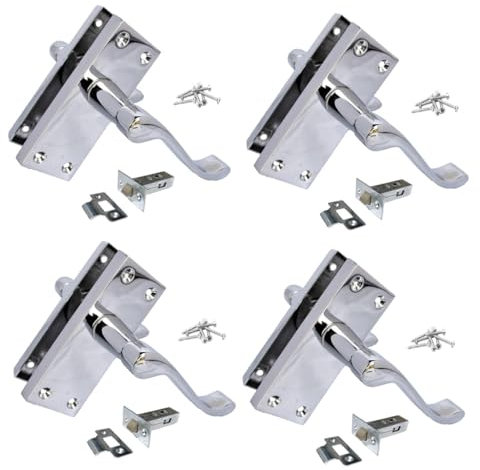 Silver Door Handles Interior Door Handles - Victorian Scroll Door Handles in Polished Chrome Door Handles, Back Plate, 118 x 42mm, Door Handles Multipack (4 Pair of Handles + Tubular Latch)