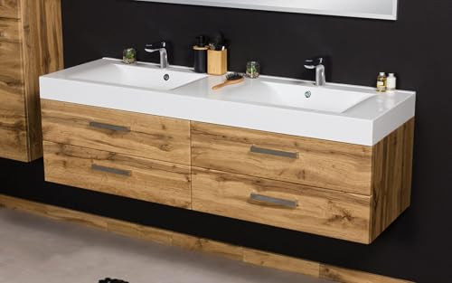 Quentis Badmöbel Doppelwaschplatz ZENO Breite 160 cm, Eiche Natur, 4 Schubladen, Unterschrank montiert (160 cm)