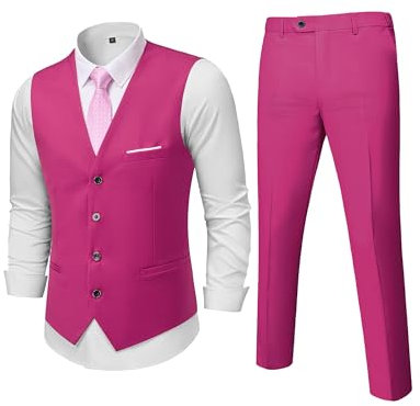MrSure Completo da uomo in 2 pezzi, con gilet e pantaloni, stile casual, con cravatta, per ballo di fine anno, matrimonio, ritorno a casa, Fucsia, L