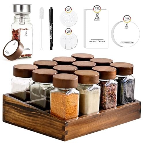 SAEIV Porta Spezie Per Cucina in Iegno, Barattoli Spezie Quadrati Con Coperchio in Legno, Barattoli Per Spezie (Da 12 x 120 ml), Porta Spezie Elegante, Organizer Per Cassetti Cucina