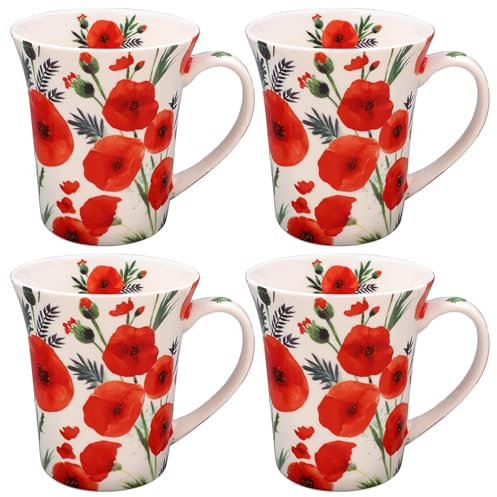 The Leonardo Collection Finola Stack Poppy Mugs Set of 4 Kitchen & Home | Stylish Tableware Mug Set of 4 for Every Occasion | Lovely Coffee Cup Set for Mens Gifts & Birthday Gifts for Women