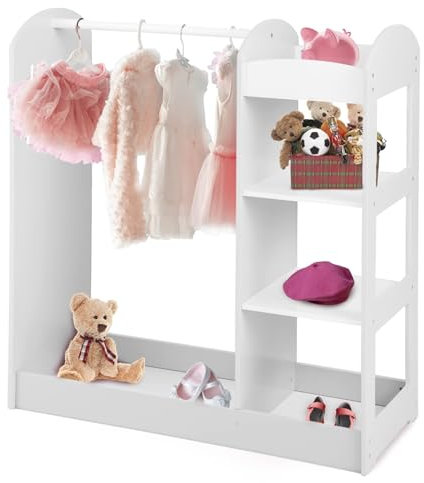LIFEZEAL Kinder Kleiderständer, Offener Baby Kleiderschrank Kleiderständer Holz, Kinderschrank mit Spiegel, Kinderregal Kindergarderobe mit 4 Ablagen, Weiß