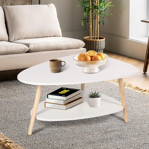 OHMG Table Basse Double Couche en Bois,Table d'appoint Ovale Blanche,End Table avec Pieds en pin pour Salon et Appartement,Table de Salon Moderne Salon Bureau,Multifonctionnelle