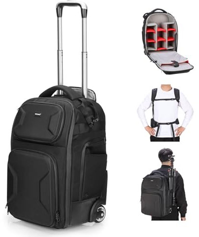 Neewer 2 in 1 Camera Roller Bag with Detachable Shockproof Dividers Retractable Handle Waistband Rain Cover Water Resistant Robust Carry On Backpack for Camera Tripod Flash Lens Laptop, Black, PB027