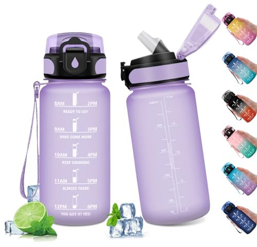 Wasserflasche 500ml, Trinkflasche Auslaufsicher, Sport Wasserflasche mit Zeitmarkierung, Wasserflasche mit Strohhalm, Kohlensäure Geeignet, Sportflasche für Fitnessstudio, Oudoor, Schule, Sprudel