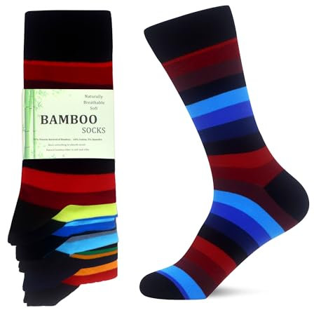 WeciBor Chaussettes en bambou respirantes anti-transpiration super douces unisexes, Bleu/rouge/noir/multicolore à rayures 6 m, 43-46