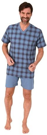 Normann Herren Kurzarm Schlafanzug Shorty Pyjama Oberteil kariert - auch in Übergröße, Farbe:blau, Größe:54