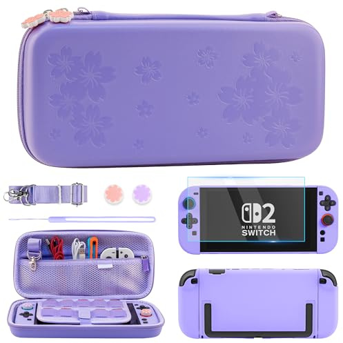 RHOTALL Lila Kirschblüten-Tragetasche für Nintendo Switch 2 (2025) 7,9 Zoll, niedliche, schützende, tragbare Reisetasche mit Hartschalenhülle für Switch 2, Bildschirmschutz, 2 Daumenkappen – Sakura