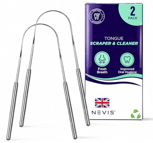 NEVIS UK Tongue Scraper for Adults, Prevents Bad Breath & Tonsil Stones, Improve Oral Hygiene, Fight Coated Tongue, Tonsillolith & Bacteria, Medical Grade Stainless Steel