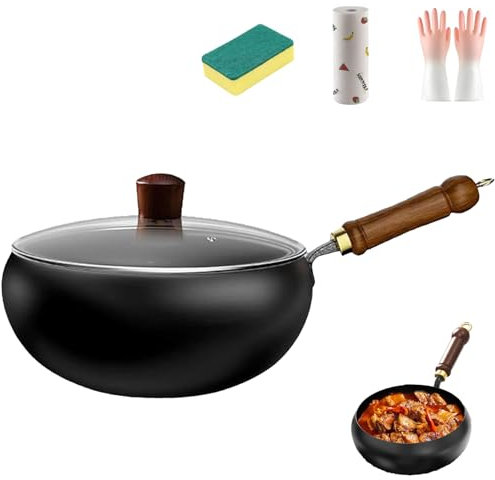 Japanische Eisenpfanne, 2025Eisenpfanne Geschmiedet, 20/24/26/28/30cm Bratpfanne Aus Hochreinem Eisen, Japanische Eisenpfanne Mit Holzdeckel, Eisenpfanne Ohne Beschichtung (Topf + Glasdeckel, 28cm)