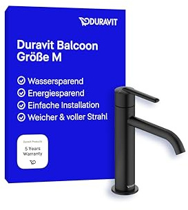 Duravit Balcoon Waschtischarmatur, Größe M (Auslauf Höhe 138 mm), energiesparende Waschbecken Armatur (FreshStart), wassersparender Wasserhahn Bad (MinusFlow), Bad Armatur, Schwarz Matt