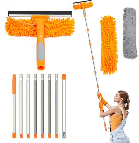 Lapluied 3.1M/122 Long Reach Window Cleaning Equipment, 3 in 1 Telescopic Window Cleaner, 270° Rotating Squeegee Window Cleaning Kit with 8 Extendable Pole for Indoor/Outdoor High Window, Orange