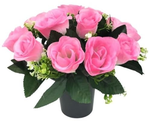 Beautiful Pink Rose Artificial Flowers in Grave Flower Pots – UV Resistant, Realistic, Long-Lasting Design for Cemetery Decorations, Grave Displays, Home & Garden Memorial Arrangements (Pink)