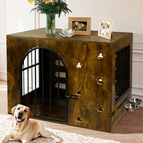 Coolsheepsia Dog Crate Furniture for Small Medium Dogs, Heavy Duty Wood Metal Indoor Dog Kennel with Bowls, Decorative Pet Cage Dog House as TV Stand, Brown