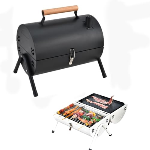 Fass Smoker Grill, Edelstahl Doppelseitiger Grill mit Schornstein Rauchabzug und Holzscheit, hitzebeständiger Griff, 4-6 Personen, für Camping, Picknick, Hinterhof, Terrasse, Hinterhof, Party, Weiß
