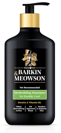 Barkin & Meowson Double Coat Deshedding Dog Shampoo with Vitamin B3, 350ml | Vitamin B3 deeply cleanses to control hair shedding. Keratin & Silk Protein strengthen undercoats. Vet recommended
