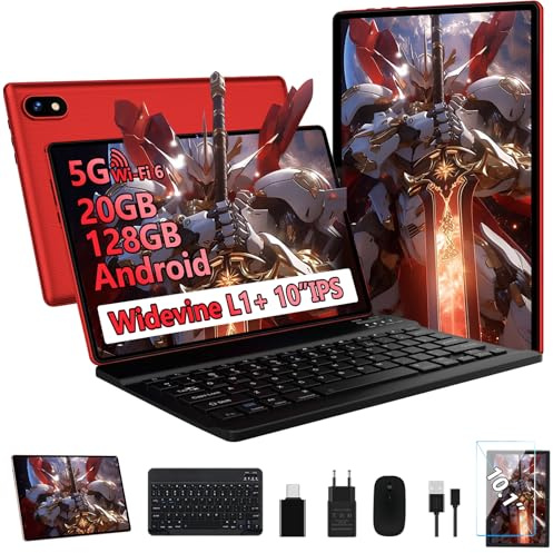 Tablet 10 Zoll Android Ultraschnelles PC mit, Widevine L1, 5G WiFi 6, Octa-Core, 20GB RAM + 128GB ROM (TF 2TB), FHD IPS, Doppelkamera, Bluetooth 5.0, 2026 Neueste Tablet mit Tastatur und Maus, Red