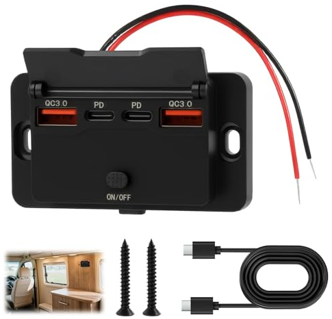 Chargeur Voiture USB 76W 4 Ports 12V Encastrable, Prise USB 12V Camping Car avec Double 36W PD et Double 18W QC3.0, Interrupteur et Couvercle Étanche pour Camion, Bus, RV, Marine, Installation Facile