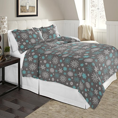 Celeste Home 190 g/m² King/Cal King, Schneeflocken, graues Bettwäsche-Set, warm und gemütlich, 100% Baumwoll-Flanell, vorgeschrumpft, extra weich, bequem, doppelt gebürstet