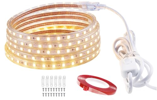 LONCWO LED Streifen 5m, IP65 Wasserdicht LED Band LED Strip mit Schalter 220V 230V LED Lichtstreifen, Warmweiss, 5M