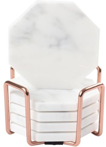 Sous-verres Marbre blanc avec support en or rose.