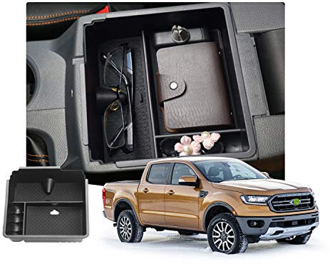 Customized for 2019 2020 2021 2022 2023 Ford Ranger XL XLT Lariat Accessories Car Center Console Armrest Box Glove Secondary Storage Console Organizer Insert Tray with Coin and Glass Holder (Black)