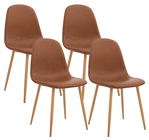 CangLong Satz von 4 Esszimmerstühlen Retro gepolsterte Küchenstühle für Küche Esszimmer, Kunstleder Esszimmerstuhl mit Metallbeinen, Braun