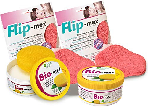 Bio-mex Pasta limpiadora Multiusos 100% Natural, Biodegradable 2X 300gr. Esponja incluida - 2X Flip-Mex Paño de Limpieza de Microfibra 16x16cm