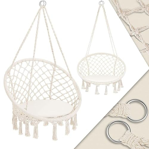 KESSER® Hängesessel 150kg mit 2 Stahlringe Sitzpolster geflochten Fransen Hängestuhl Hängekorb Schaukelkorb Garten Indoor wetterfest, wasserabweisend, Beige