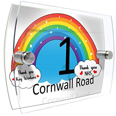 Colourbat Thank You NHS & Key Workers Rainbow House Number Door Sign Printed Plaque Glass Effect Acrylic Sign Door Plate Wall Display 2 Part Branded Acrylic