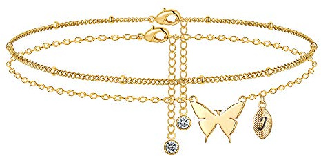 M MOOHAM Zierliche Schmetterlings-Fußkettchen für Damen, 14 Karat Gold gefüllt, Initialen-Fußkettchen für Frauen, handgefertigtes Gold-Fußkettchen für Frauen, Boho-Schmetterling-Fußkettchen,