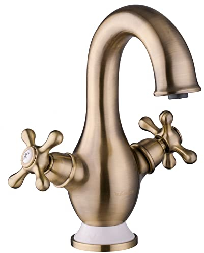 PaulGurkes Waschtischarmatur Messing Bronze Antik Zweigriffmischer Retro Nostalgie Kreuzgriff Wasserhahn