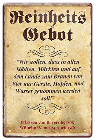 Blechschild Bier Reinheitsgebot Erlass - Metallschild mit historischer Verordnung von 1516 - Retro Deko Schild Küche Bar Stammtisch Biergarten Werkstatt Kneipe Garage - Gerste Hopfen Wasser - 20x30cm