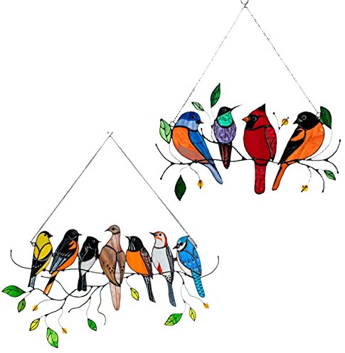 YQHWLKJ Farbige Vögel auf Drähten Hochfarbiges Glas Suncatcher Fensterpaneele Bird Series Ornament Anhänger Wohnkultur Geschenke für Liebhaber