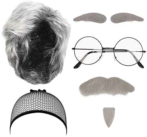 LOOPES 7pcs Old Man Costume Accessories Grandpa Costume Set Grandfather Fancy Dress Kit with Gray Mustache Eyebrows Wigs&Cap Glasses for Halloween World Book Day Party Retro Stage Cosplay