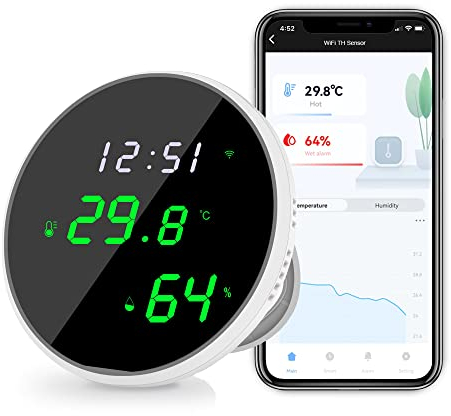 WiFi Thermometer Hygrometer Monitor: Smart Humidity Temperature Sensor with LED Backlight Display, App Notification Alert, Data Storage Export, Temperature Humidity Gauge Compatible with Alexa