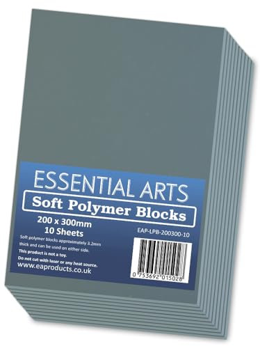200 x 300mm Double Sided Soft Lino Polymer Blocks Pack of 10 – 3.2mm Thick Super Soft Printing Sheets for Carving Art and Craft – by Essential Arts