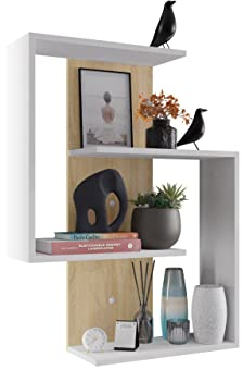 Wandregal Temiru, Wandboard, Buchregal, Wandschrank, Media-Regal, Regal, Hängeregal, Wohnzimmer, Arbeitszimmer (Weiß Matt + Eiche Sonoma)