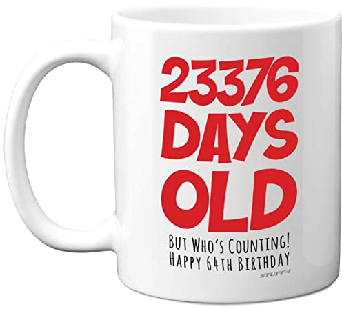 64th Birthday Mug Gift for Men Women Him Her - 23376 Days Old - Funny Adult Sixty-Four Sixty-Fourth Happy Birthday Present for Dad Mum Grandma Nan Grandad Uncle, 11oz Ceramic Dishwasher Safe Mugs